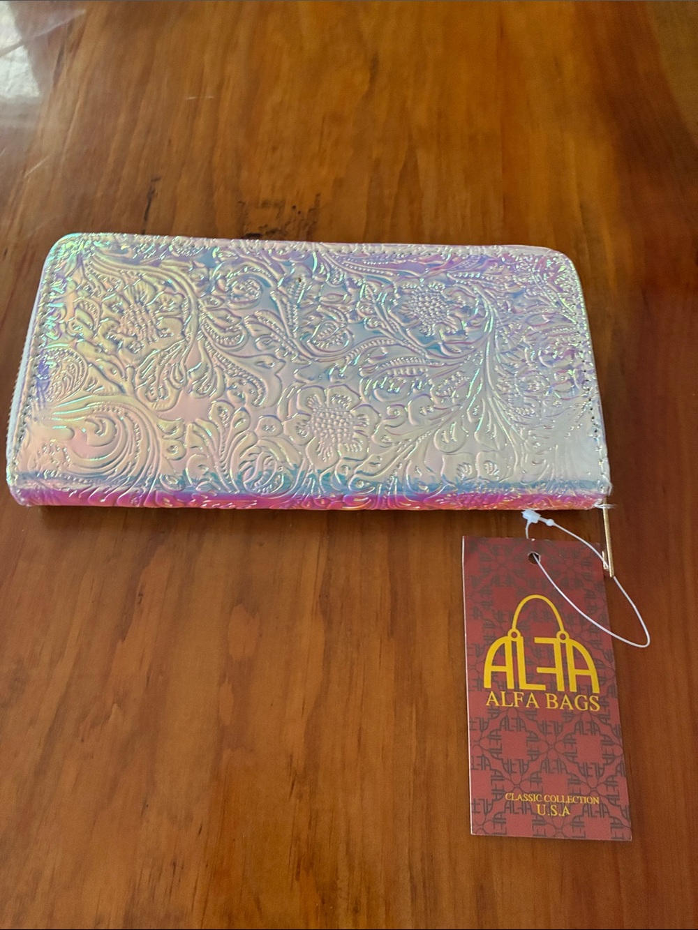 Holographic Floral Embossed Wallet - Iridescent Pink